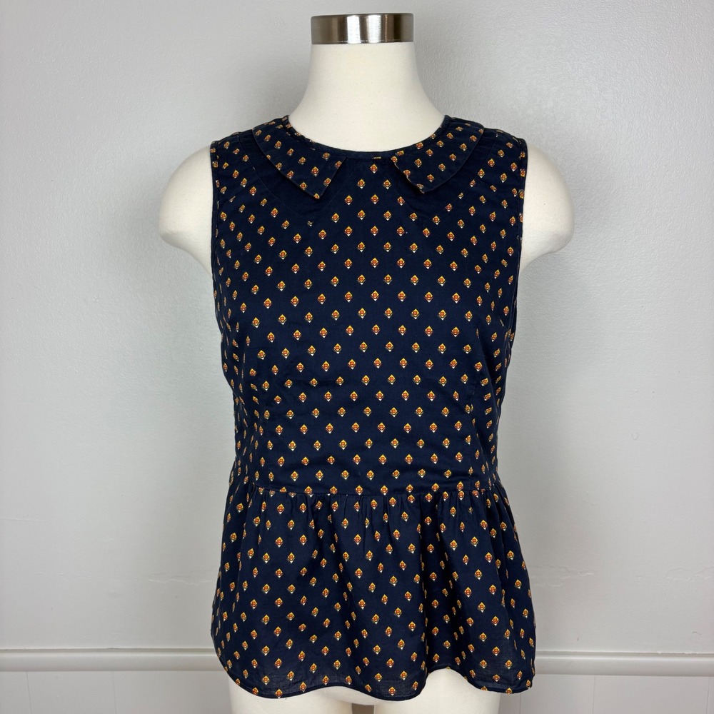 Oasis Sleeveless Peplum Blouse Navy Blue Floral Twee 100% Cotton Size 8 US/12 UK